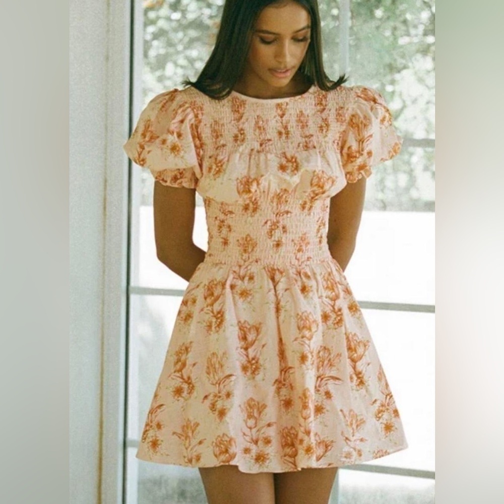 NEW Sabo Skirt Charlize Floral Puff Sleeve Mini Dress Pastel Orange Sz XS